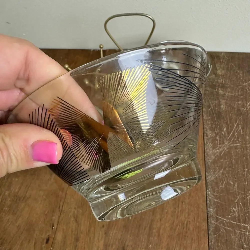 MCM Vintage Retro black gold design glass condiment dishes with‎ metal holder
